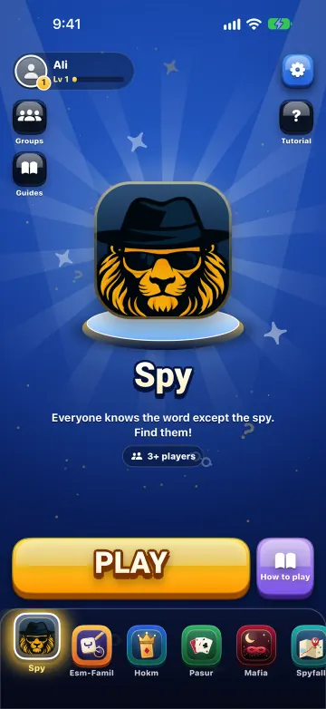 Persian Spy home: the Spy lobby with the Play button and every game in the dock
