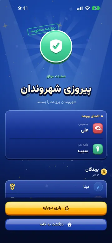 نتیجه بازی جاسوس: پیروزی شهروندان و افشای جاسوس و کلمه رمز